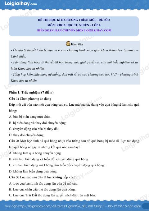 Đề thi học kì 2 KHTN 6 Cánh diều - Đề 2